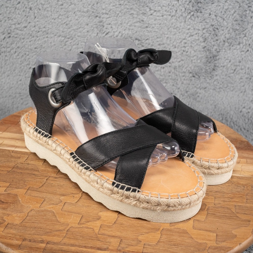 Frye and Co. Lula Bow Black‎ Platform Espadrille Sandals Ankle Strap Sz 8.5